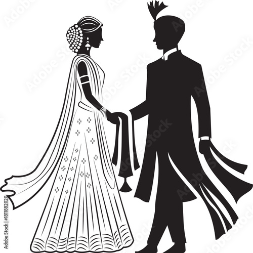 Indian bride and groom silhouette illustration vector isolated design.