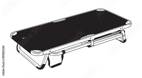 Stretcher on a wheeled medical transport frame with black mattress and carrying handles.