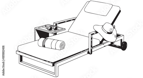 Detailed black and white line drawing of a professional massage therapy table with accessories and equipment.