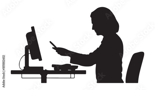  Woman working on computer and holding a smartphone in office silhouette
