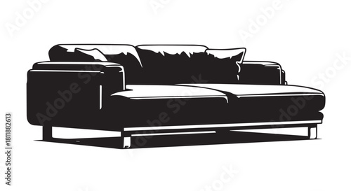 Black and white silhouette of a modern sofa in a minimal interior.