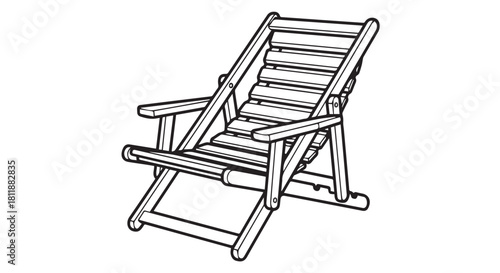Wooden reclining outdoor chair in simple line drawing illustration.