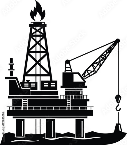 Offshore oil rig platform with flare stack and crane in the ocean, industrial engineering concept illustration Vector, illustration