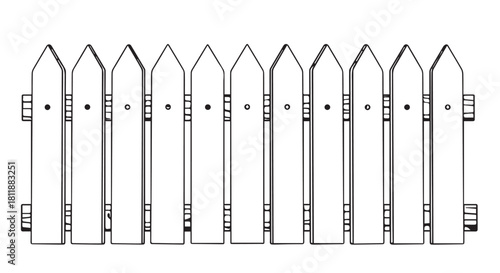 Row of tall wooden picket fence sections with rounded tops and metal bindings.