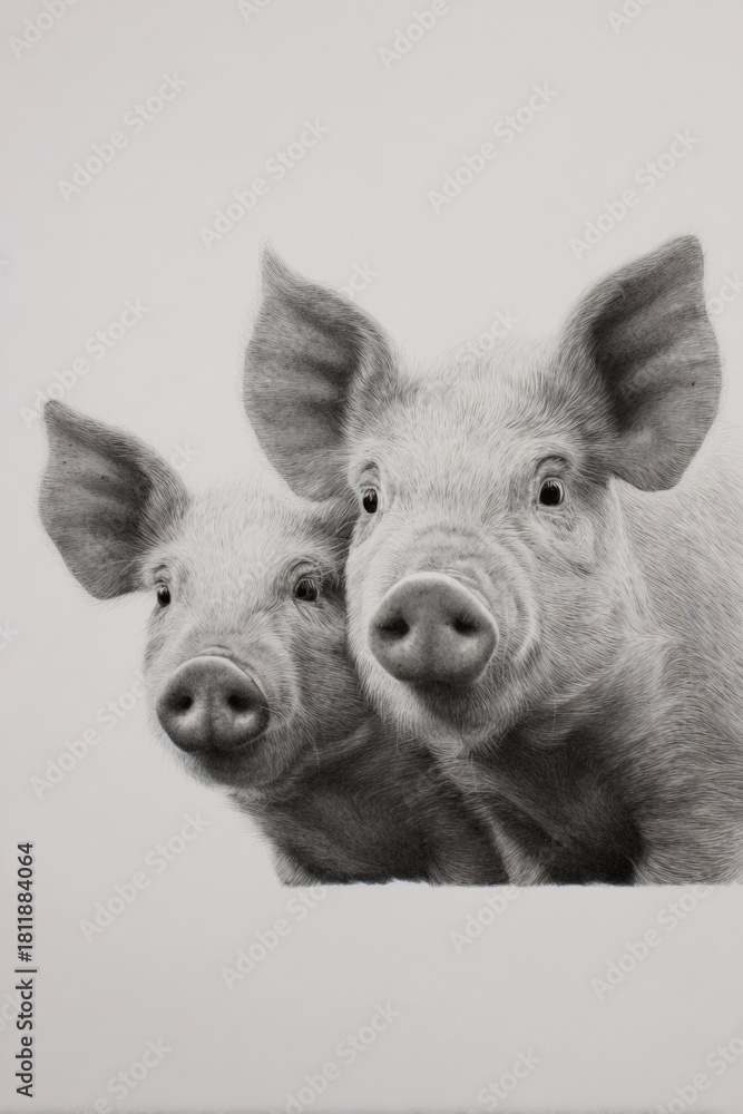 Fototapeta premium Realistic drawing of two curious young pigs with floppy ears facing forward