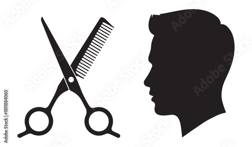  Stylized silhouette of a man s head profile next to crossed barber scissors and comb