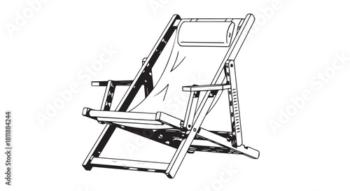 Minimal line drawing of a wooden deck chair in leisure setting.