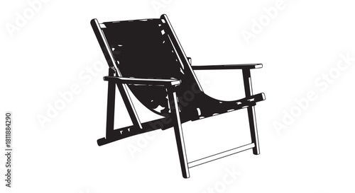 Black folding lounge chair with wooden arms and metal frame for outdoor leisure.