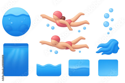 3d swimmers in motion with water elements and bubbles