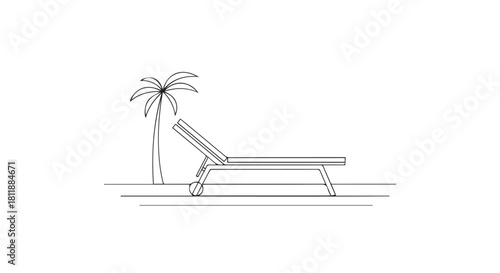 Minimalist Beach Scene with Lounge Chair Under a Palm Tree by a Quiet Shoreline.