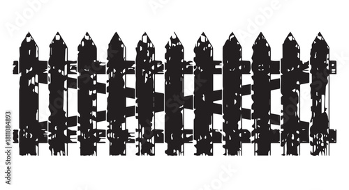 Uniform wooden picket fence silhouette with a row of posts and rails along a rustic boundary.