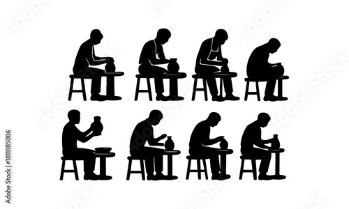 Silhouettes of potters working at wheels in sequential stages