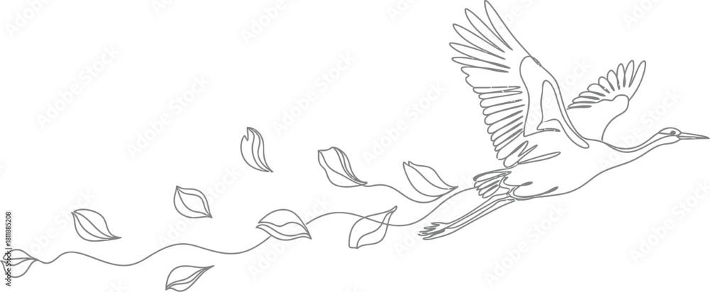 Fototapeta premium Elegant crane in flight with falling leaves in a minimalist line art design