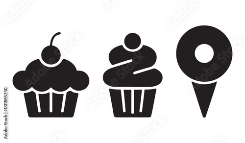  Three stylized dessert icons including a cupcake with cherry a swirl cupcake and a donut pin silhouette