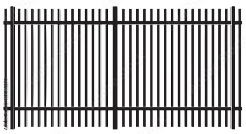 Long black metal fence with vertical bars and central gate across an outdoor setting.