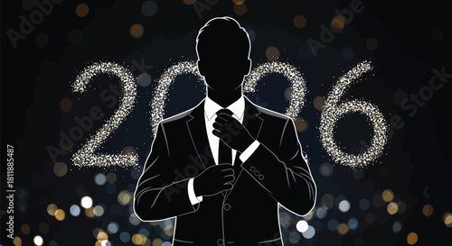 Silhouette of a businessman adjusting tie with 2026 sparkling in the background