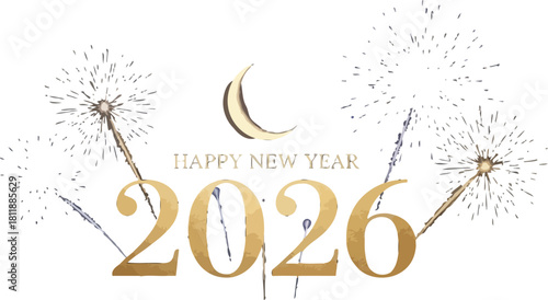 Golden happy new year 2026 with crescent moon and fireworks on a dark background