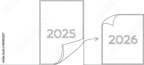 Transition from 2025 to 2026 shown with paper turning in a minimalist style