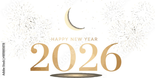 Golden happy new year 2026 celebration with fireworks and crescent moon design