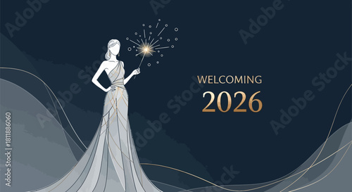 Elegant woman welcomes 2026 with sparkler on dark blue background with gold accents
