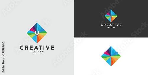 Digital colorful abstract icons, elements and symbols with initial U logo, template