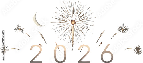 Celebrating the year 2026 with fireworks and a crescent moon on a dark background