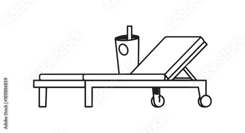 Line Drawing of a Hospital Bed on Wheels with IV Stand in a Simple Medical Setting.