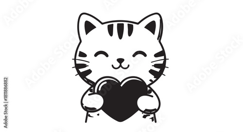 Friendly cartoon cat holding a heart symbol of affection.