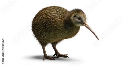 Kiwi Bird in Profile with Long Beak on Isolated White Background