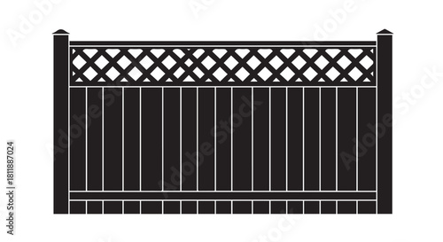 Closed black metal gate with vertical bars and lattice top section forming a simple fence design.