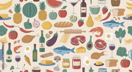 Seamless pattern of diverse food icons, groceries, and cooking ingredients background design