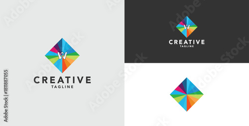 Digital colorful abstract icons, elements and symbols with initial W logo, template