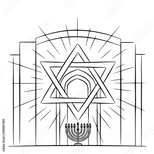 Star of David symbol with menorah and rays of light in background  