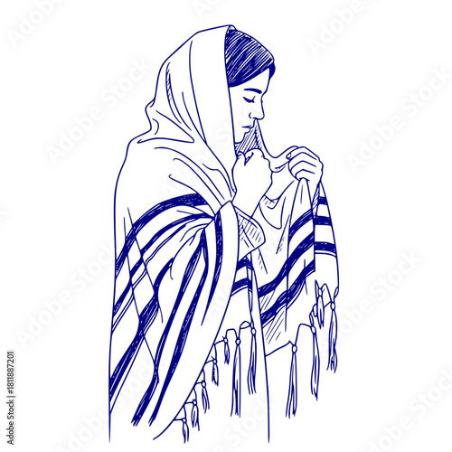 Woman praying with Prayer shawl tallit in traditional attire  