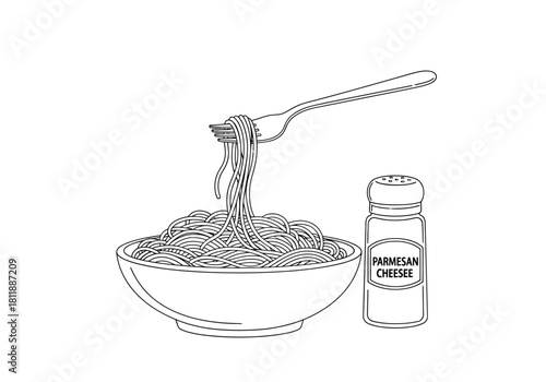 Black and white drawing of spaghetti in a bowl with a fork and cheese shaker