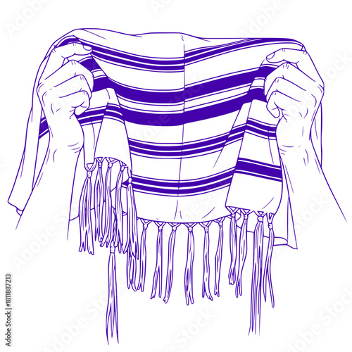 Prayer shawl tallit: Hands holding decorative striped cloth with fringes in purple color  