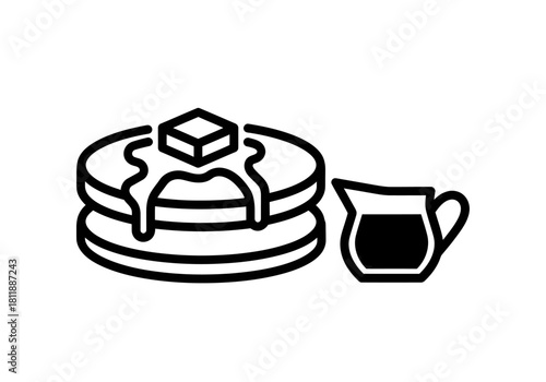 Black and white icon of pancakes with butter and syrup pitcher