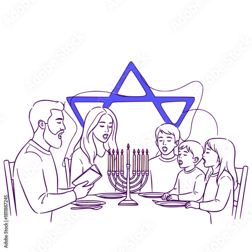 Family celebrating Hanukkah together with menorah and Star of David  - Jewish family dinner