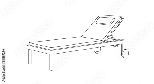 Minimal line drawing of an adjustable hospital bed with wheels and simple furniture elements.