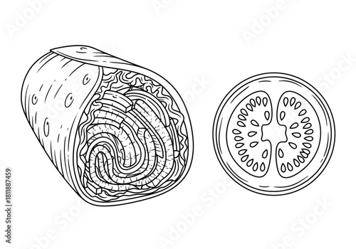 Black and white line drawing of a crosssectioned burrito and a tomato slice