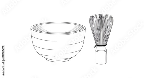 Black and white line drawing of a ceramic tea bowl and a bamboo whisk