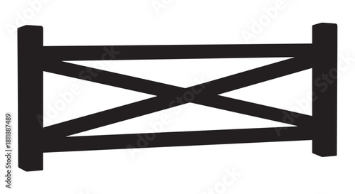 Silhouette of a simple crossbar gate with posts and horizontal railings.