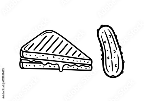 Black and white line drawing of a grilled sandwich and a whole pickle