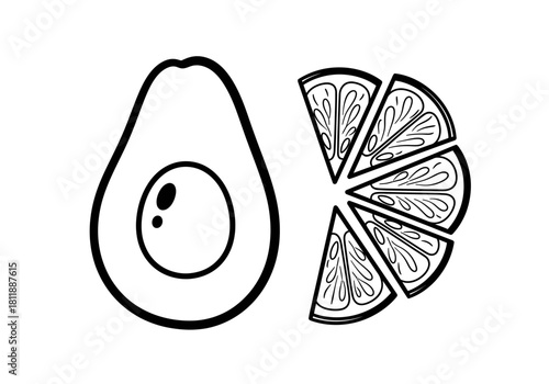 Black and white outline drawing of a halved avocado and several citrus slices