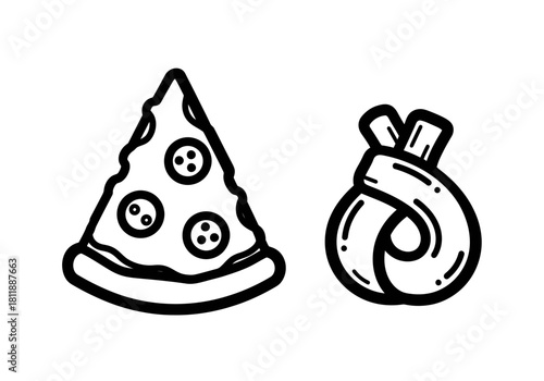 Black and white outline drawing of a pizza slice and a knotted pretzel