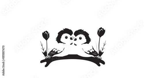 Stylized panda perched on a branch with blossoms in black ink.