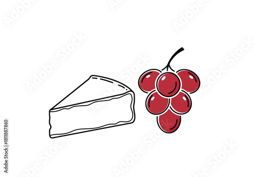 Line art drawing of a cheese wedge next to a cluster of red grapes