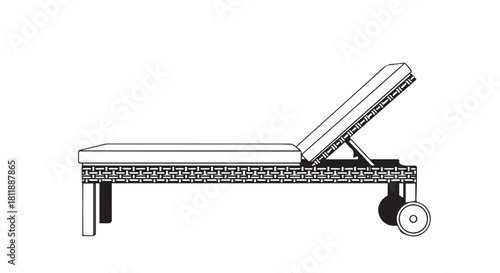Adjustable hospital gurney with wheels, headrest, and medical frame.