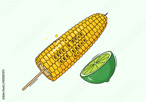 Illustration of grilled corn on a stick with a lime wedge on light background