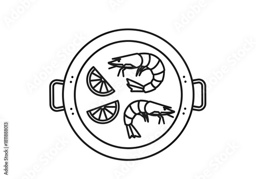 Line art of shrimp and lemon wedges in a round serving dish with handles